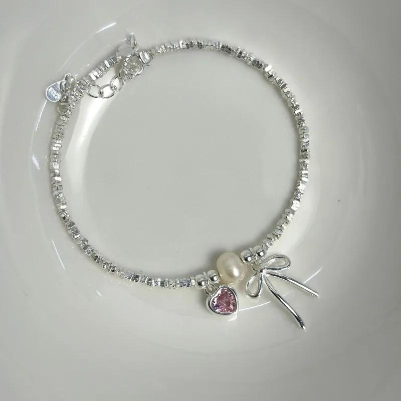 925 Silver Pearl Bracelet Women Girls Vintage Korean Pink Love Bow Chain Party Jewelry Luxury Gift