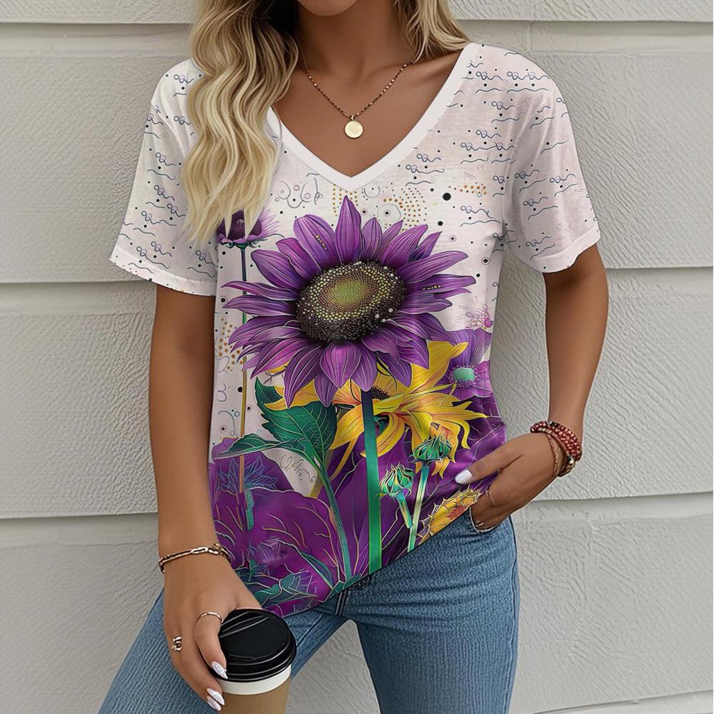 Summer Women's T-Shirt Sunflower Print Outdoor Retro Fashion Casual Oversized V-Neck Y2k Short-Sleeved Women's Clothing