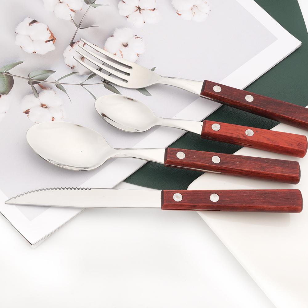 6/24Pcs 304 Stainless Stee Cutlery Set Luxury Wooden Handle Dinnerware Flatware Set Kitchen Western Knife Spoon Fork Tableware