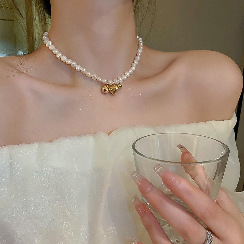 Freshwater Pearl Love Round Bead Necklace Design Sense Neck Chain Collarbone Chain Temperament Necklace Accessories