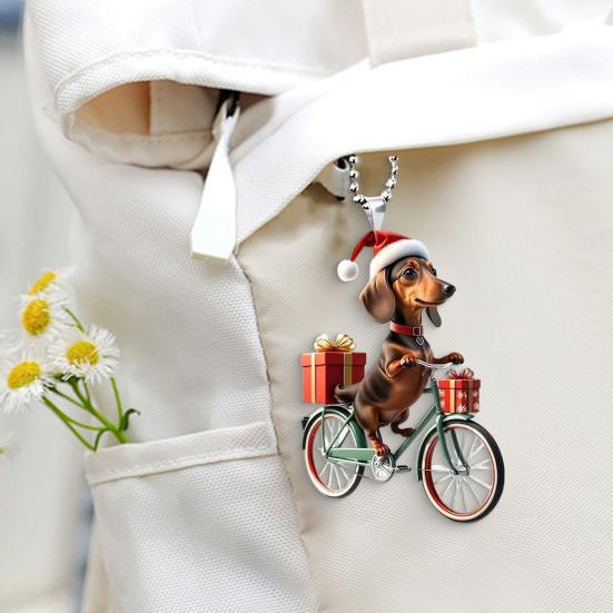 Christmas Ornament Funny Bicycle Dog Pendant Acrylic 2D Cartoon Animal Hanging Decoration for Xmas Tree Home Car Decor
