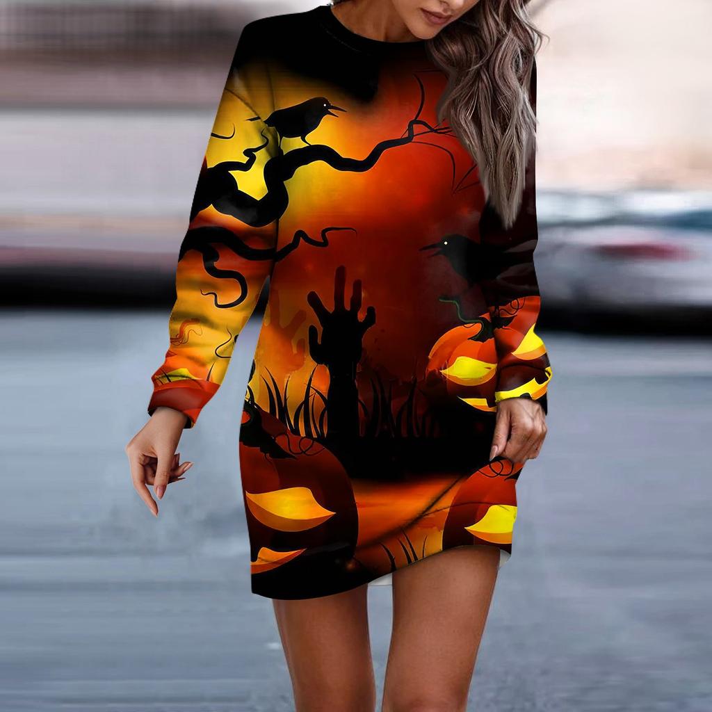 Women's Round Neck Halloween Long Sleeve Hip Dress Sweater Dress