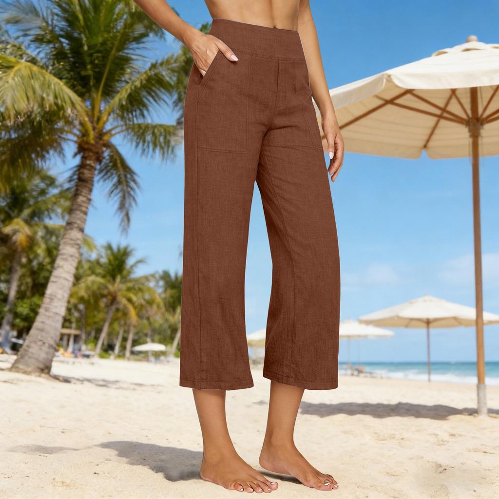 Women's Fashionable Loose-Fit Pocket Cotton-Linen Blend High-Waisted Wide-Leg Pants Casual Cropped Trousers