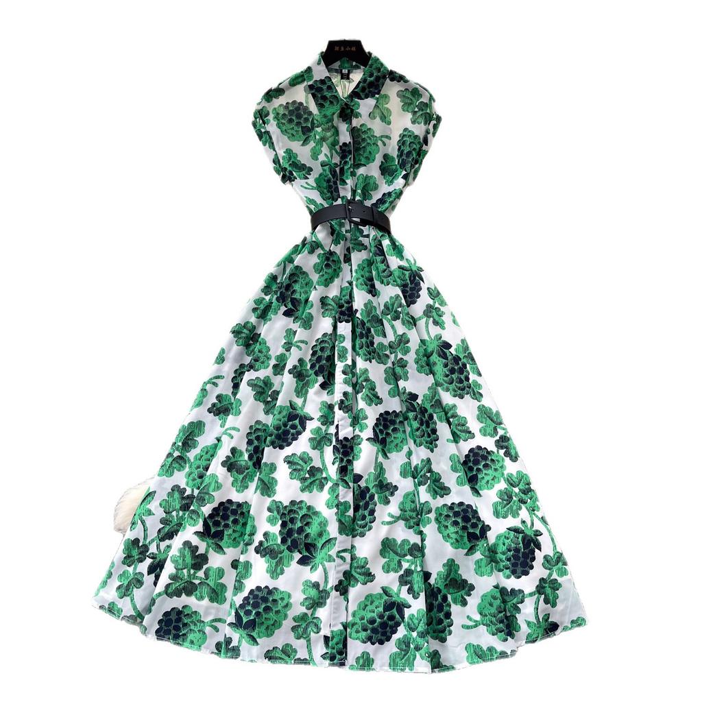French light and mature style retro printing lapel dress women's summer sleeveless waist and thin pendulum temperament long dress