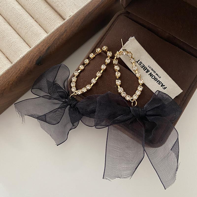 Mesh sløyfe øredobber Lang frynset atmosfære High-end øre smykker koreansk versjon av Hepburn Cold Wind øredobber kvinner