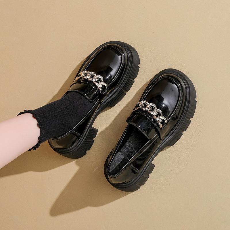 Metal Chain Loafers Autumn New Round Toe Deep Mouth Platform Sole Non-slip Wear-resistant Single Shoes