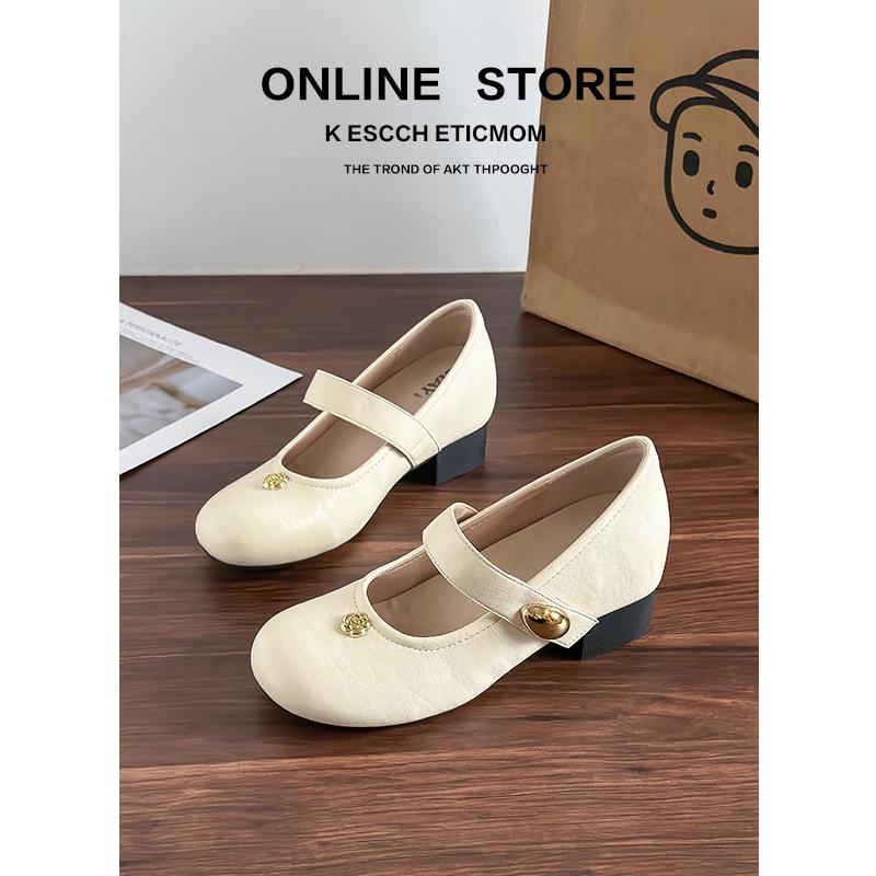 Spring 2025 Retro Mary Jane Shoes: 7CM Hidden Heel, French Style, Metal Buckle, Round Toe, Low Cut Evening Design 34