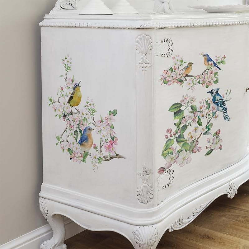 

Винтажный стильный дизайн наклейки-переводки для мебели, матовая отделка, цветочные УФ-DTF наклейки, уникальные узоры для DIY тумбочки, шкафа, комода, Apple Blossom and Bird Th