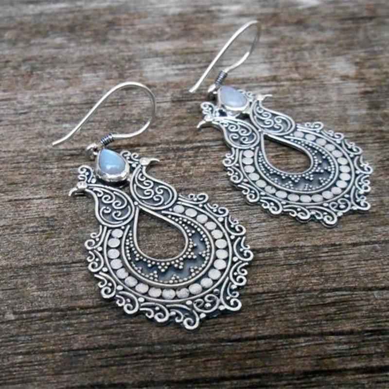 Vintage copper Color Metal Hand Carving Patterns Hook Earrings for Women Jewelry Water Droplet Inlaid Stone Dangle Earring