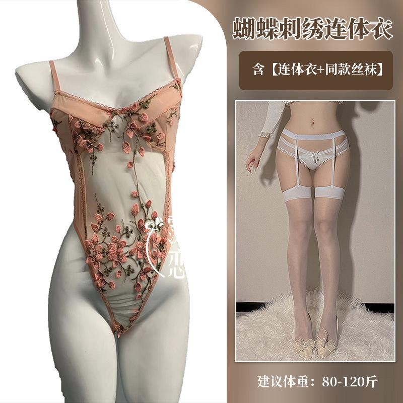 One-piece Erotic Underwear Hot-selling Lace Embroidery Hollow Transparent Sexy Suspender Mesh Temptation