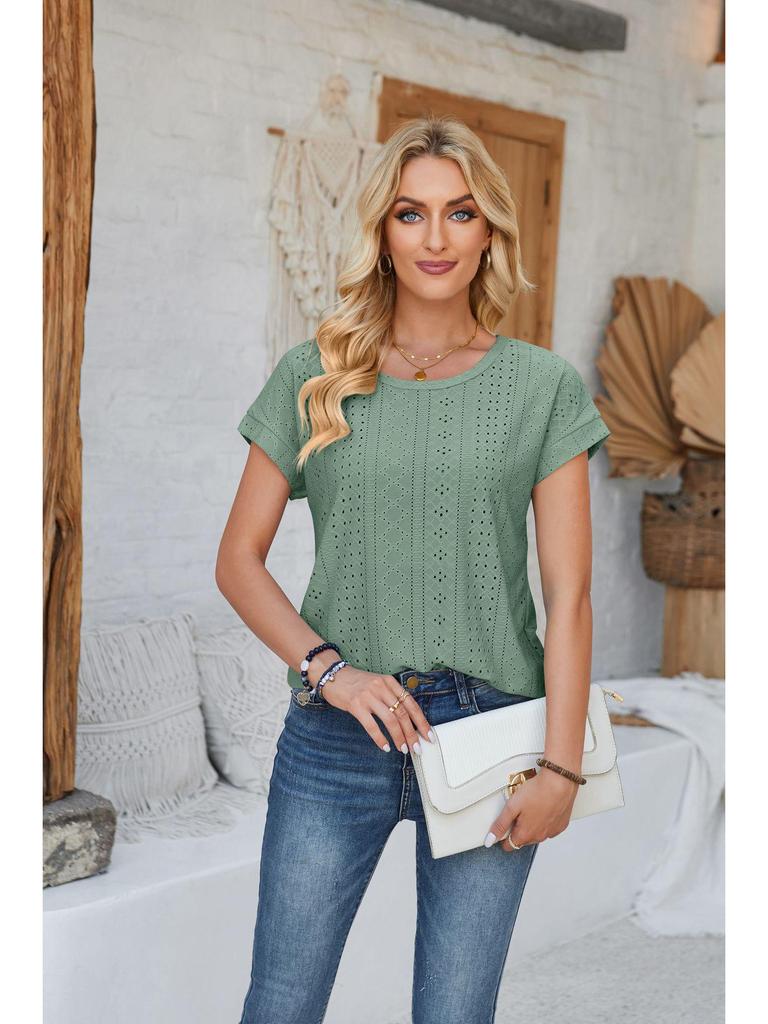 Spring & Summer Women's Loose Round Neck Eyelet Lace T-shirt