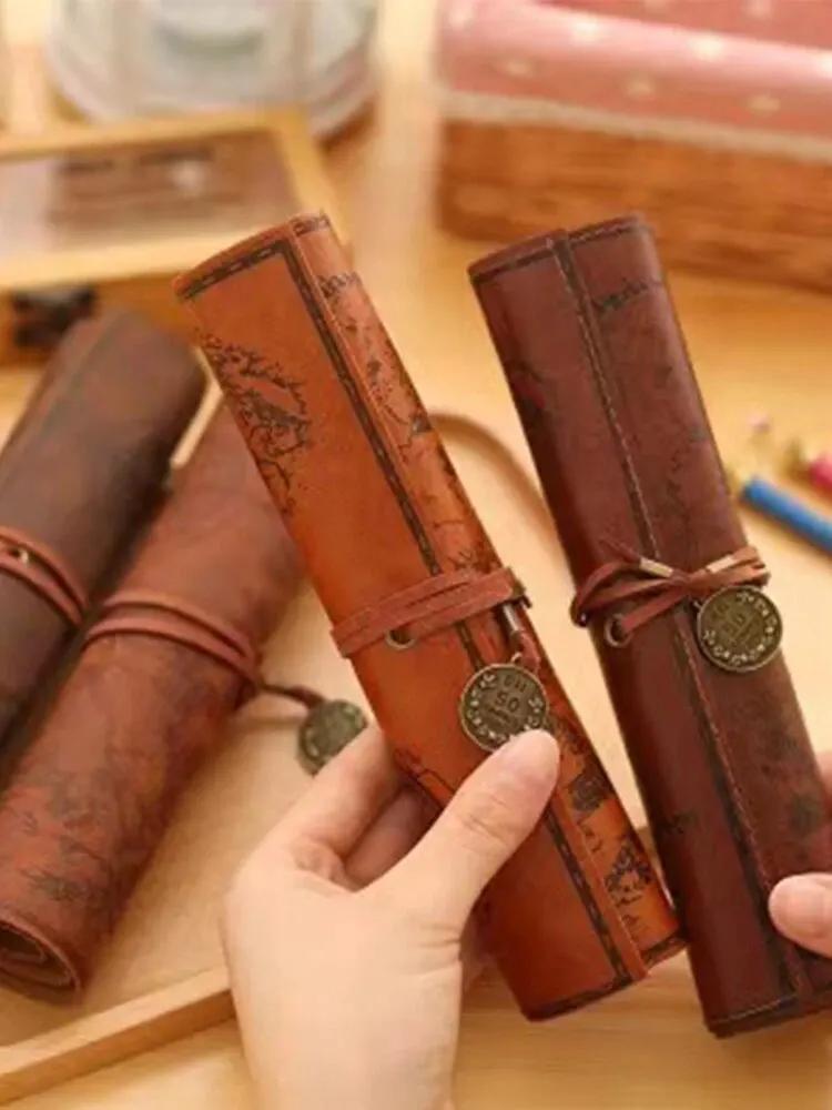 1st Creative Treasure Map Retro pennfodral Läder Stor kapacitet Rullpennväska Präglat spänne Enkel brevpapperslåda Roll Po