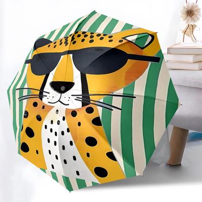 1pc Cool Cheetah Stylish Leopard Automatic Folding Umbrella, 8-Rib Durable Iron Frame, Compact Travel Umbrella for Women & Men 098