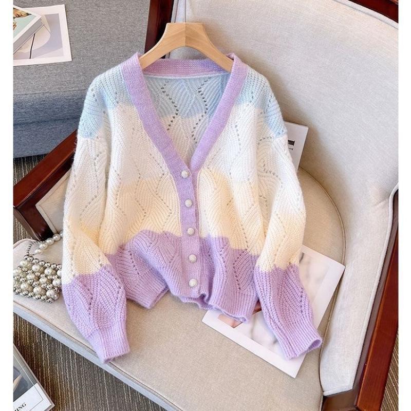 Korean Color Block V-Neck Knit Cardigan - Spring/Autumn Patchwork Sweater Top