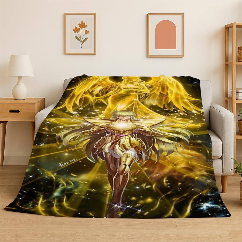 Retro Saint Seiya Anime Cartoon Flannel Blanket Soft Warm Throw Blanket for Bedroom Living Room Bed Travel Camping Picnic Gift 75x90cm
