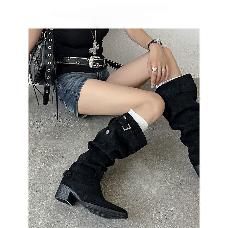 Wasteland style fashion pointed big tube around piling boots women's thick heel pointed high heel boots versatile boots