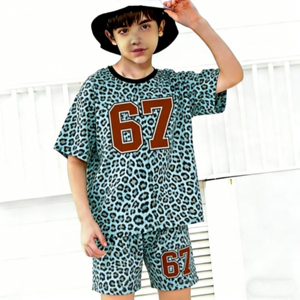 Módní Dětský Letní Ležérní Outfit 2dílná Sada s Potiskem Čísla 67 a Leopardím Vzorem pro Kluky a Holky Dětské Oblečení Vrchní díl