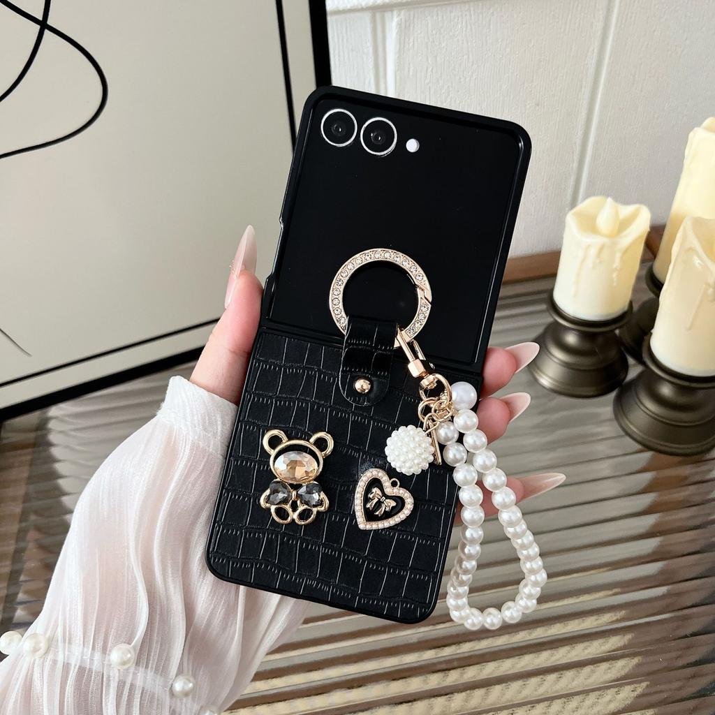 Crocodile Pattern PU Leather Phone Case for Samsung Z Flip7/6 3/4/5 Bear Bracelet Hand Carry Ring All-Inclusive Protective Cover