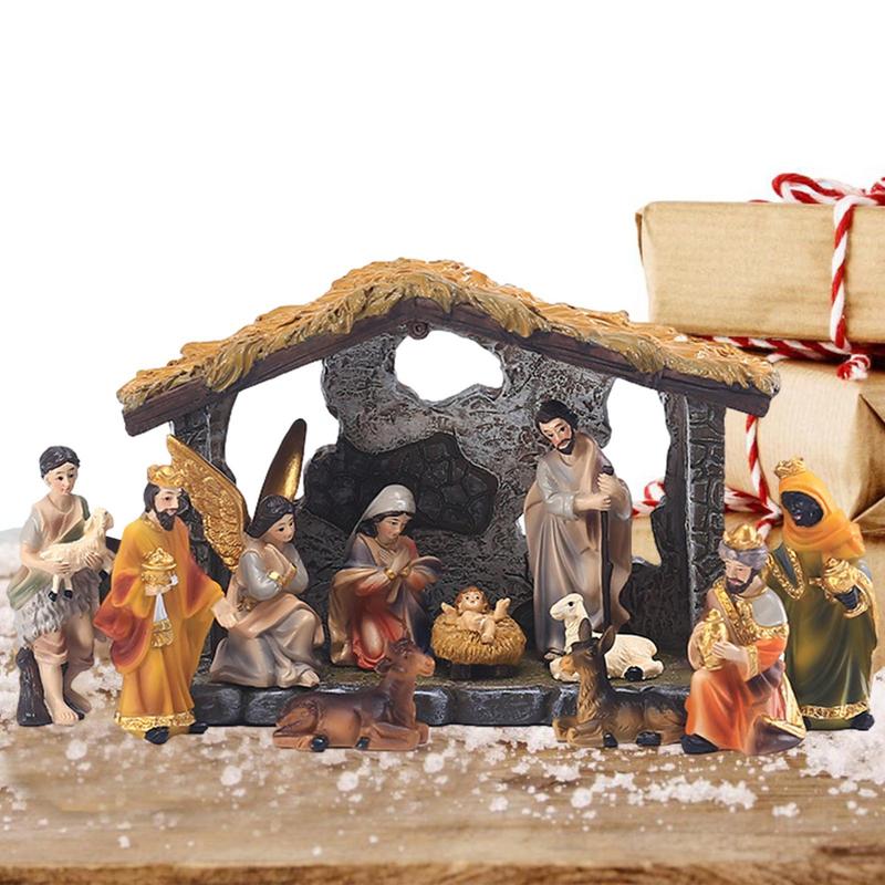 12pcs Set Christmas Manger Nativity Set Real Life Nativity Jesus Manger Christmas Crib Ornament Holy Family Crafts Statue Decor