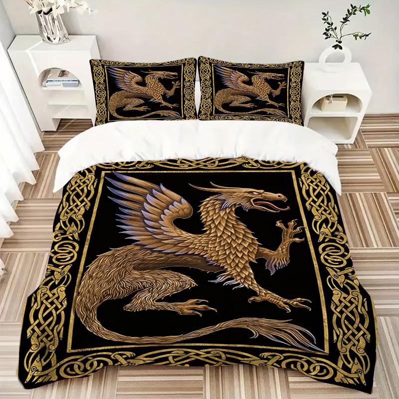 3pcs Golden Dragon Duvet Cover Set - Includes 1 Duvet Cover and 2 Pillowcases, No Quilt Core, All-Season Home Decor Yy251111075