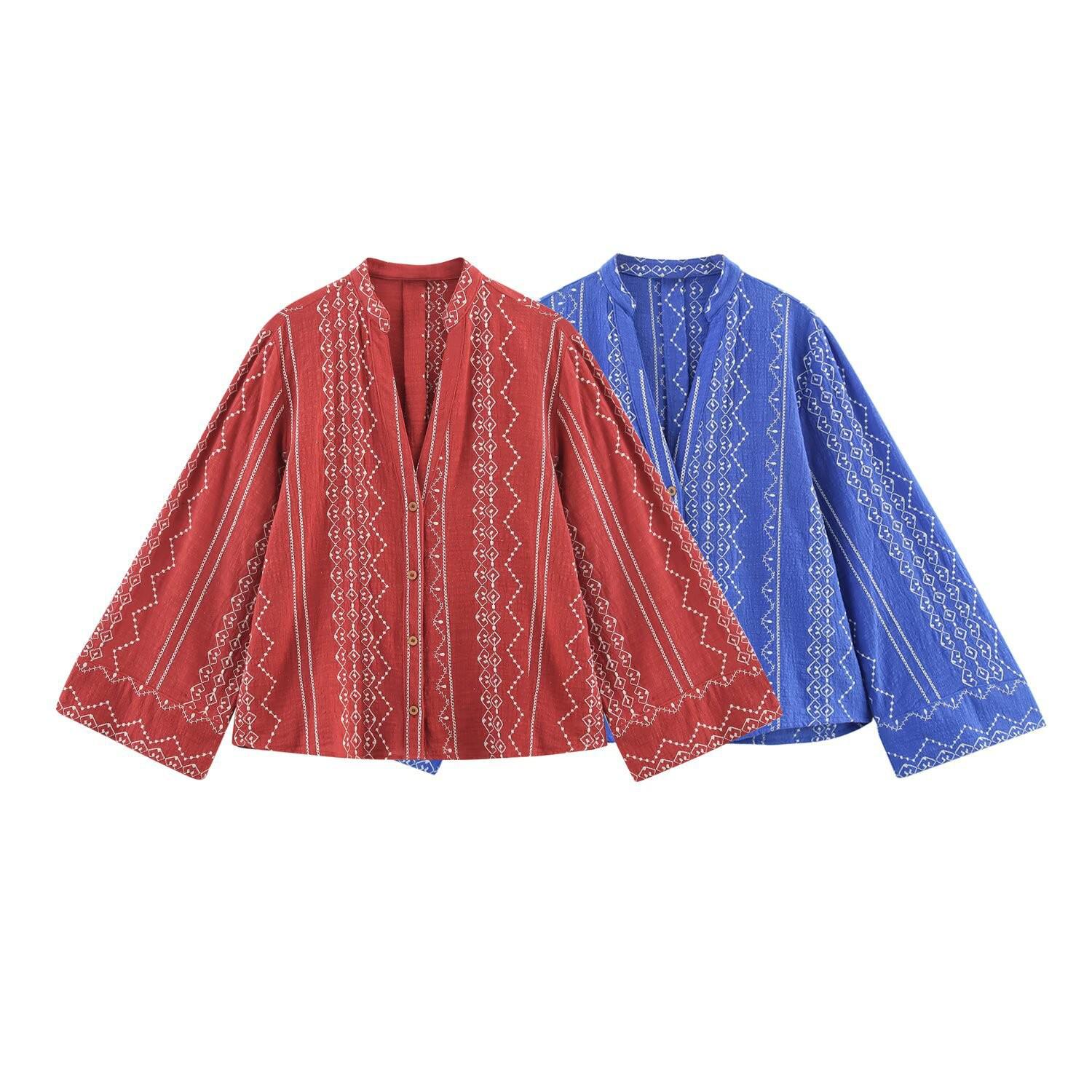 

2025 Spring Women s Retro Ethnic Embroidered V-Neck Shirt Extra Small темно-красного