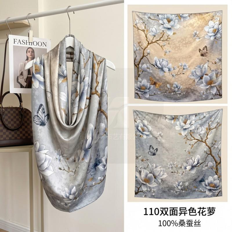 19 Momme Silk Square Scarf Double-sided Floral Shawl Women 106x106CM