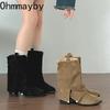 Winter Design Thick Heels Women Western Cowboy Boots Pointed Toe Roman Ladies Slip On Short Booties Mujer