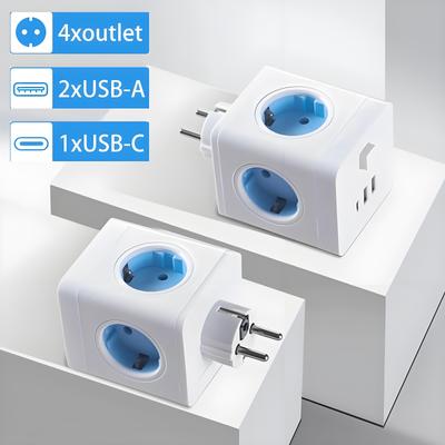 Reise-USB-Steckdosenadapter mit 4 AC-Steckdosen, 3 USB-Anschlüssen und Netzschalter, EU-Stecker, Wandwürfel-Steckdose, Netzteil, Extender für Zuhause
