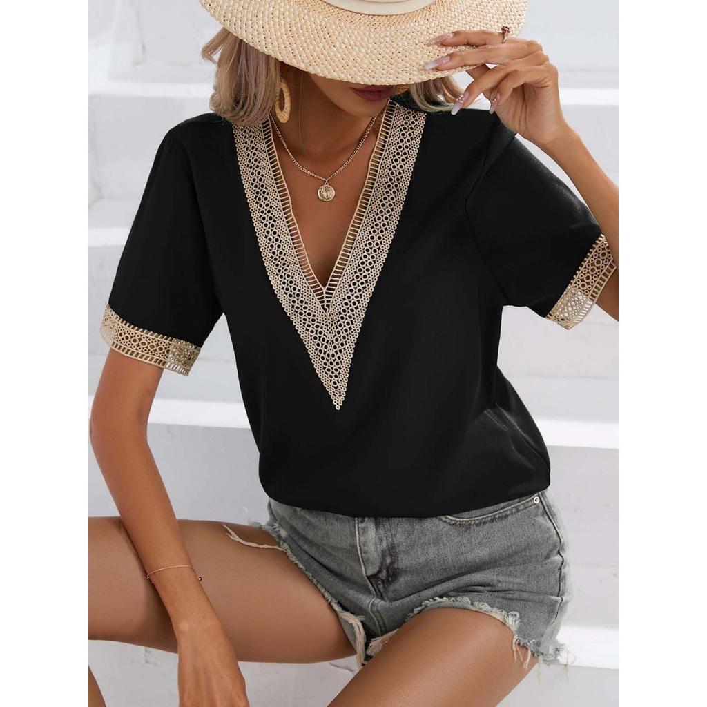 Summer Women's Lace Trim V-neck Short Sleeve T-shirt, European American Style Casual Tops For Women