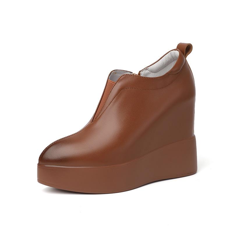 

Кожаные туфли на платформе с ультравысоким каблуком 12 см 2025 новая британская подошва «маффин» с внутренней высотой, боковая молния, остроносые кожаные туфли 39 коричневый