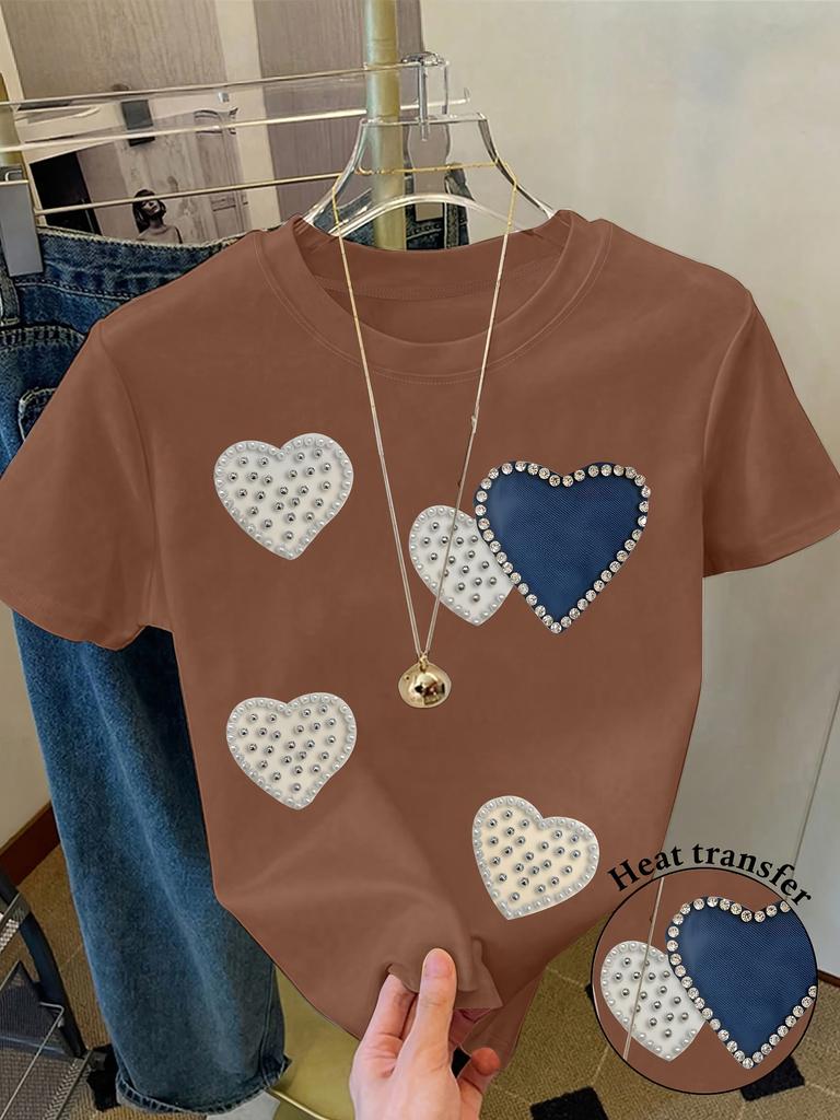 Pearl & Rhinestone Heart Women's Tee - Faux Pearl Heart Graphic, Casual Pink Top