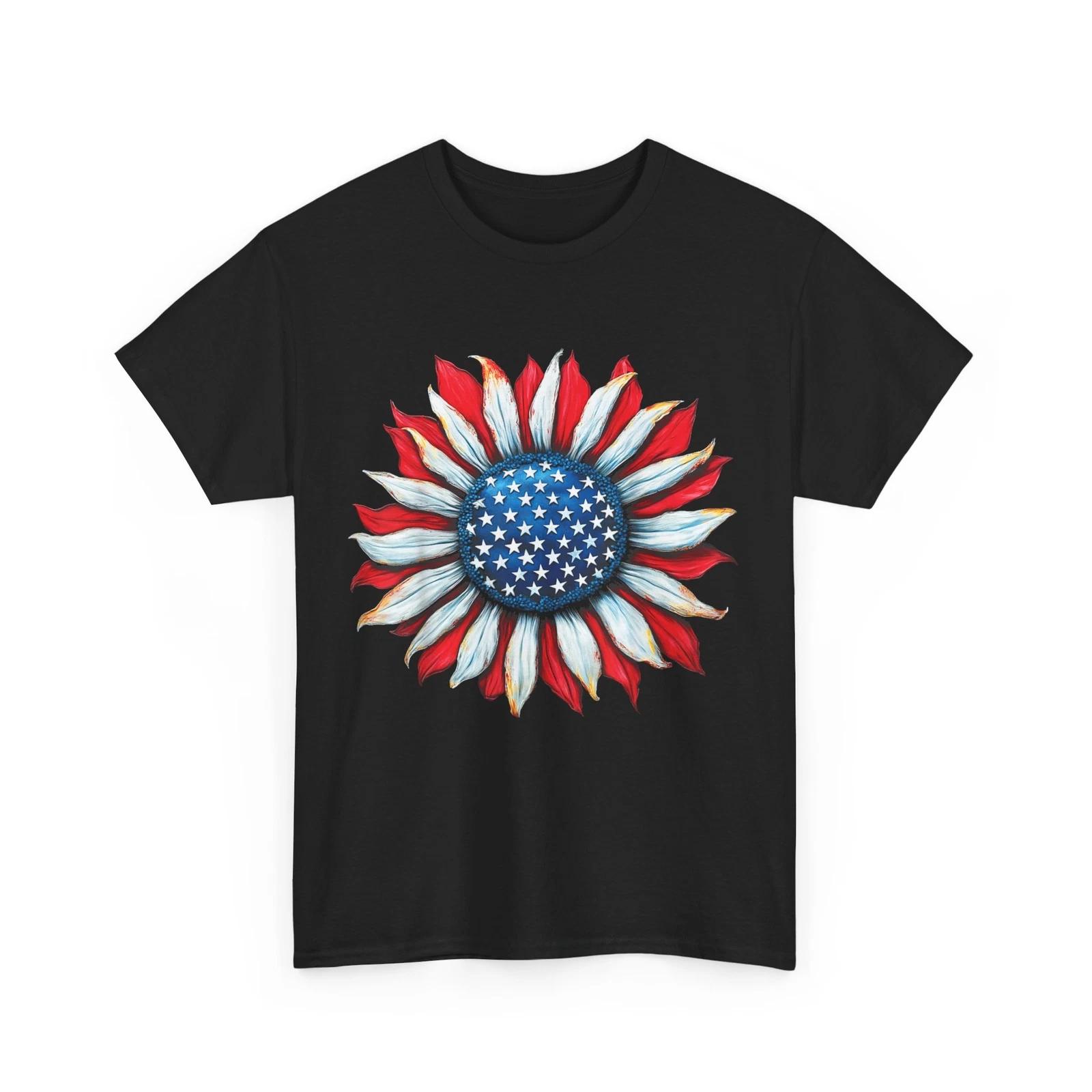 4th of July Shirt, Sunflower American Flag Fourth of July Women Men Shirt L