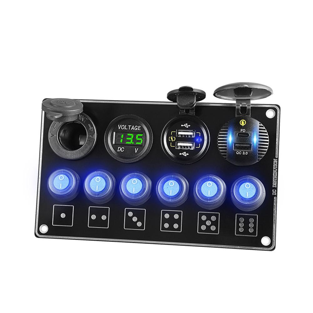 24V 12V 6 Buttons Toggle Switch Panel with Digital Voltage Tester USB Charger QC3.0 Quick Charge Car Power Adapter Boat Caravan