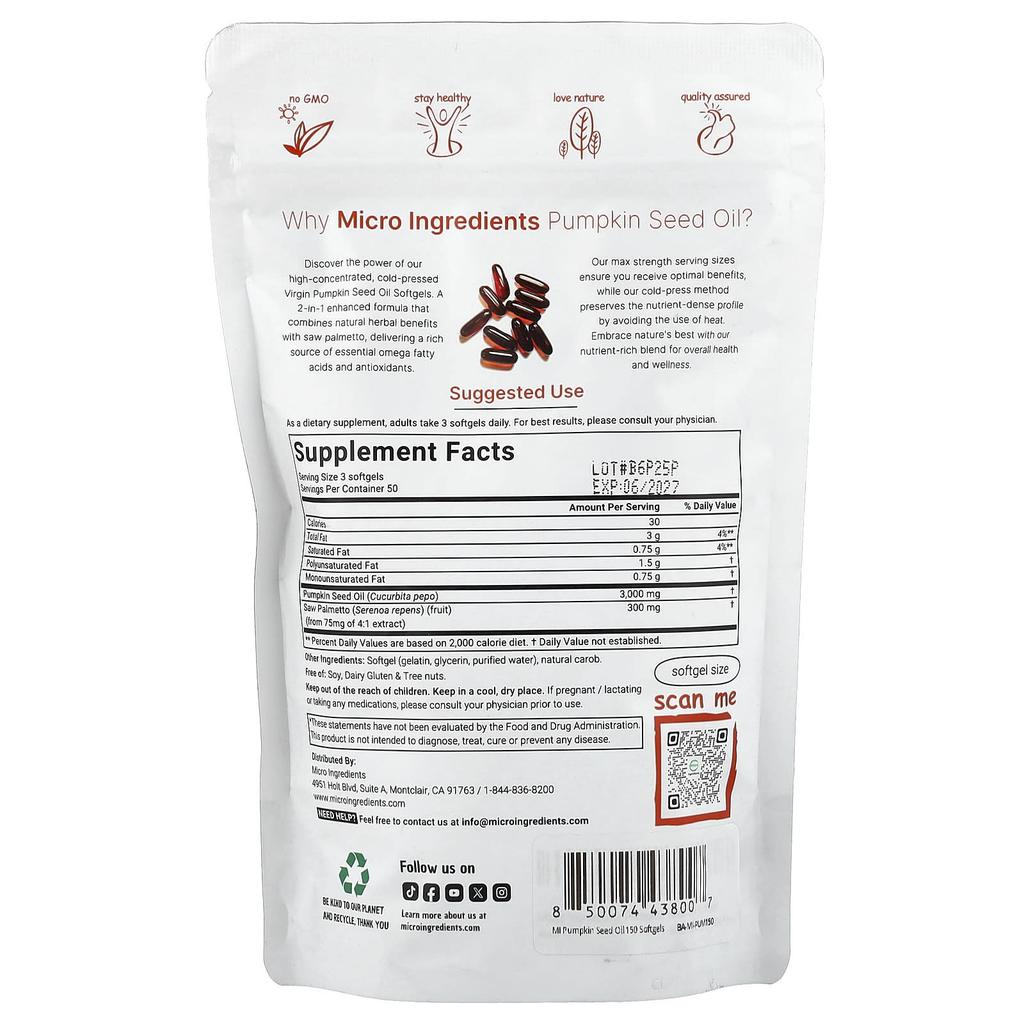 Micro Ingredients Kürbiskernöl, Kaltgepresst, 150 Weichkapseln