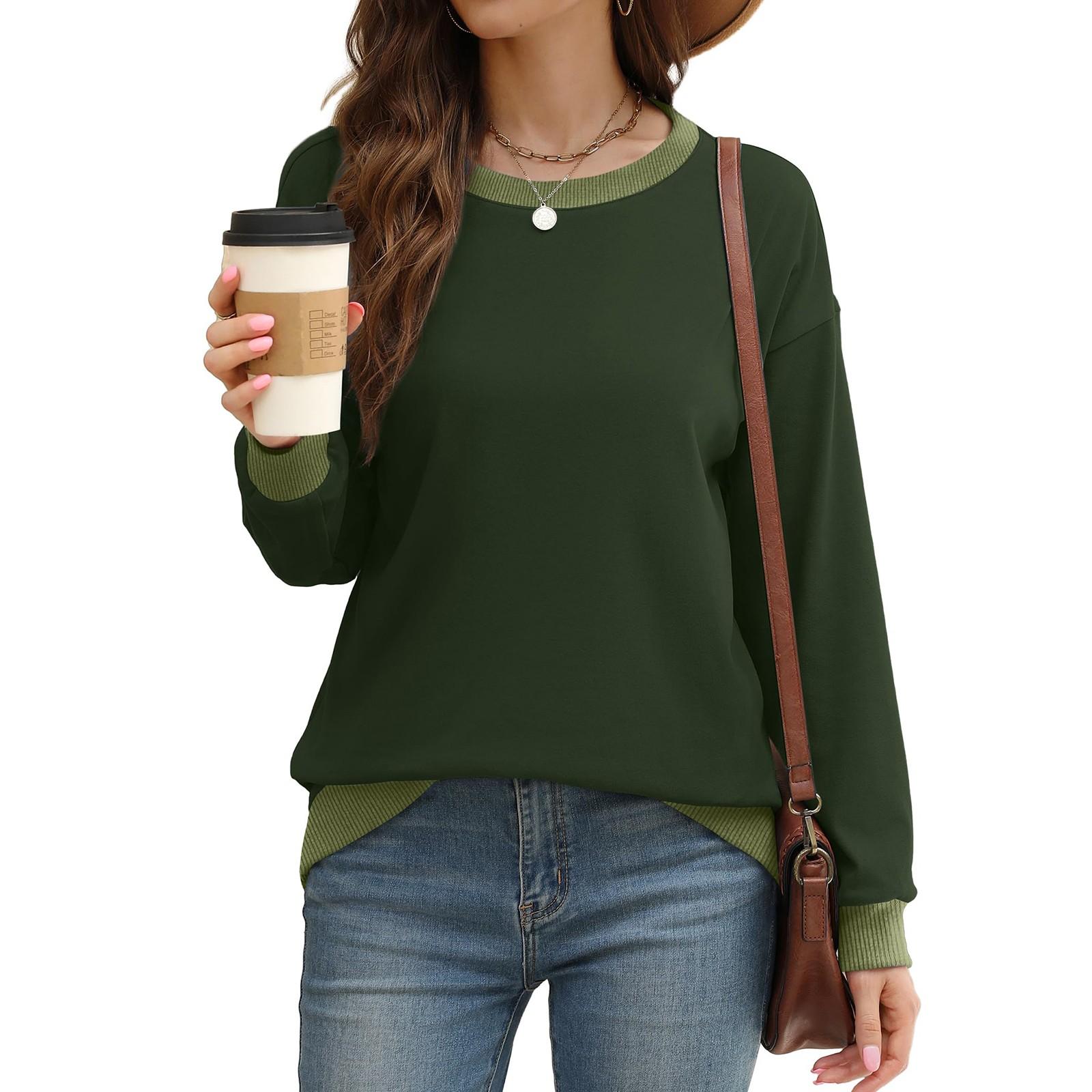 

Женская спортивная рубашка весна-лето с круглым вырезом и длинным рукавом, свободный топ с цветными блоками и ребристым краем, модная XXL зелёный