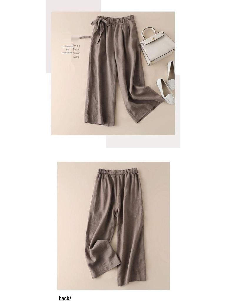 Women's High-Waist Cotton-Linen Wide-Leg Pants - Summer Casual Retro Style with Side Tie