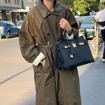 Abrigo Cortavientos Largo Slim Retro Coreano de Primavera 2025 con Solapa y Cordones para Mujer
