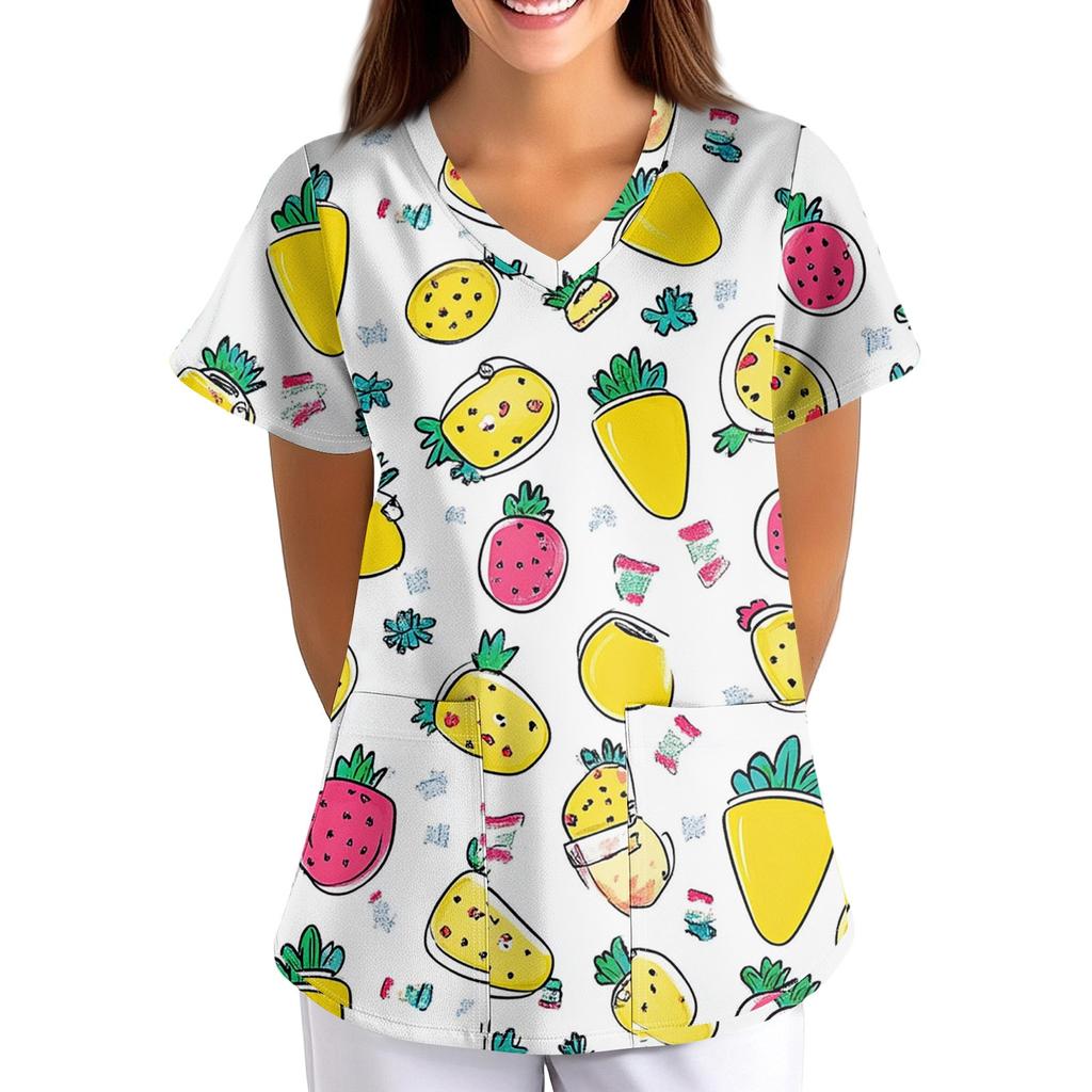 Women's Fruit And Floral Print Loose V-Neck Pocket Short Sleeve Uniform Uniform