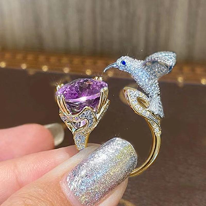 Caoshi Spezieller Zweifarbiger Verstellbarer Ring Mit Grünem/Violettem Zirkonia Trendiges Vogeldesign Partyzubehör Schmuck