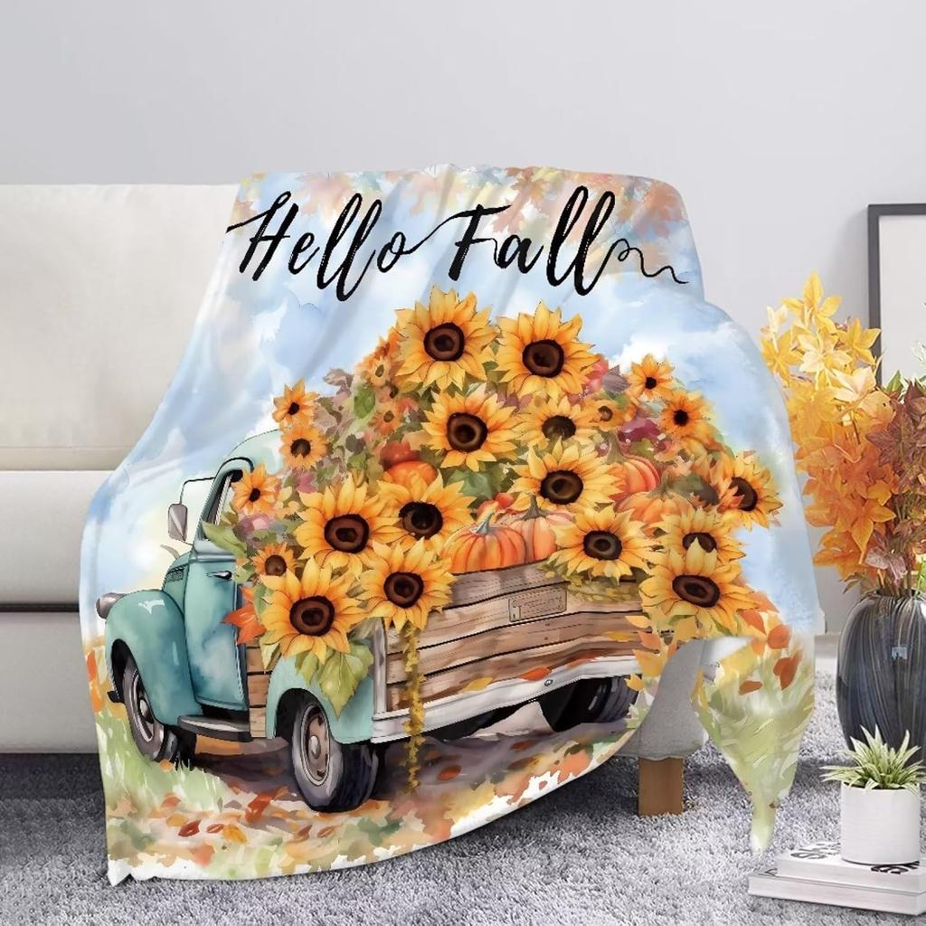 Harvest Autumn Throw Blanket Pumpkin Farmhouse Fallen Leaves Blanket Cozy Soft Lightweight Flannel Plush Blankets for Bed Couch
