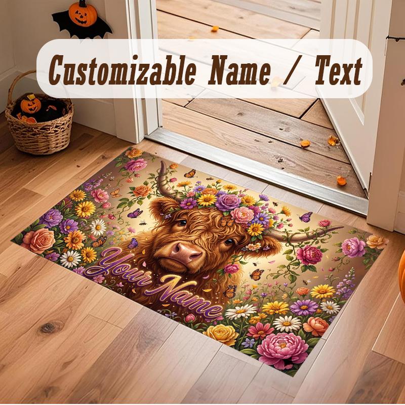 Highland Cow Theme Soft Crystal Velvet Rug Custom Name & Text Print Non Slip Floor Rug for Bedroom Living Room