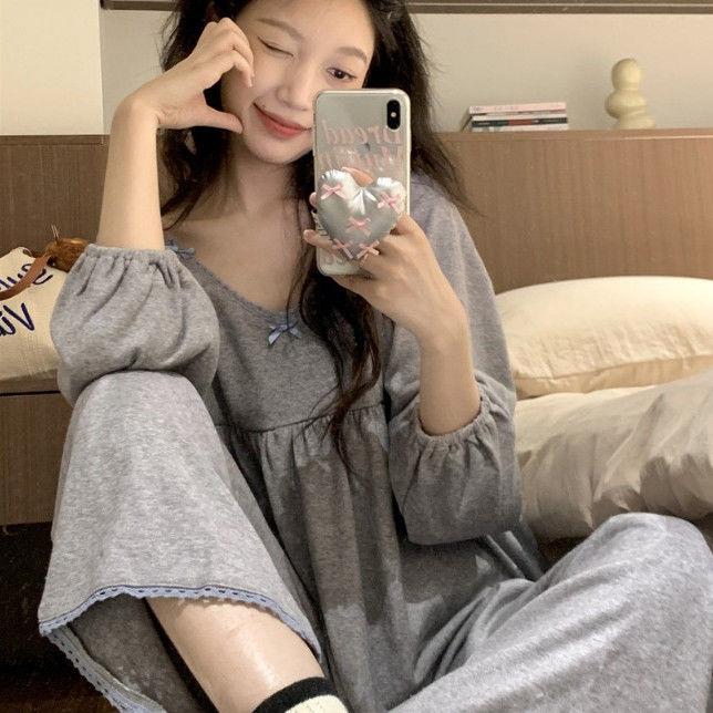 Girls' Sweet and Cute Lace Pajamas, Women's Spring and Autumn Bow Long-sleeved Trousers, Home Service, Can Be Worn Outside