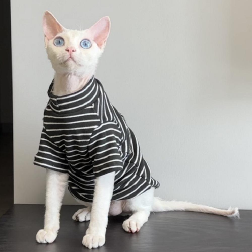 Warm Sphynx Cat Clothes Soft Cat Striped Jumpsuit Hairless Cat Base Shirt  For Autumn Winter