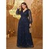 Plus Size Womens Elegant Sequined Bridesmaid Dress V-Neck Long Sleeve Slit Fitted Temperament Wedding Party Dress
