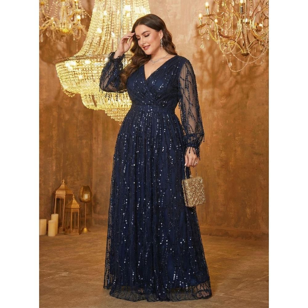 Plus Size Womens Elegant Sequined Bridesmaid Dress V-Neck Long Sleeve Slit Fitted Temperament Wedding Party Dress