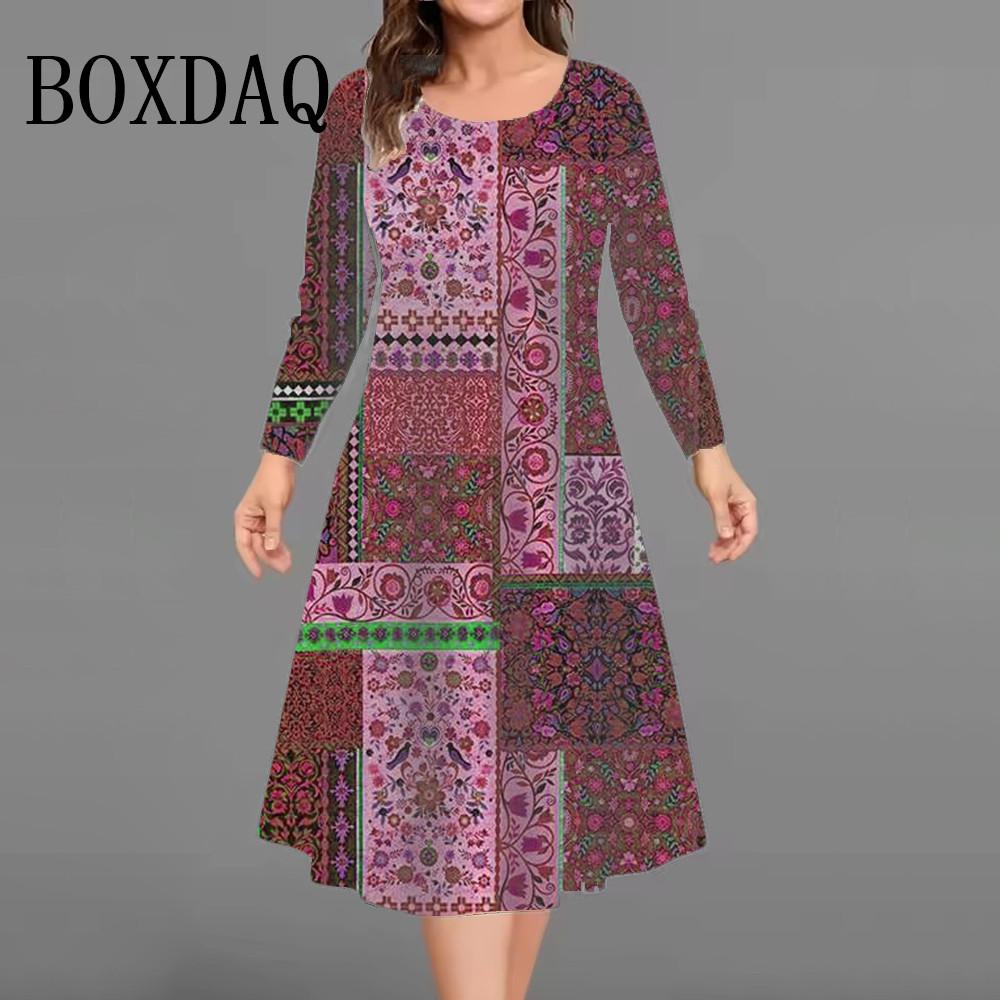 Vintage Flowers Pattern Dresses For Women Autumn Fashion Plus Size 3D Print Long Sleeve Dress Casual Female Loose Clothing