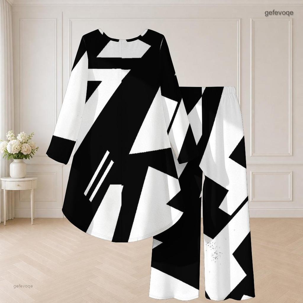 Women Plus Size Two Piece Set Round Neck Long Sleeve Black White Printed High Low Top Wide Leg Pants