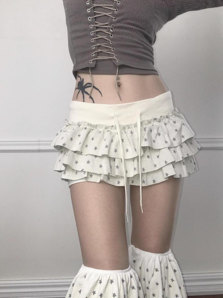 Star Print Ruffle Skirt: Elastic Waist, Layered, Sweet & Spicy Style, Spring/Autumn.
