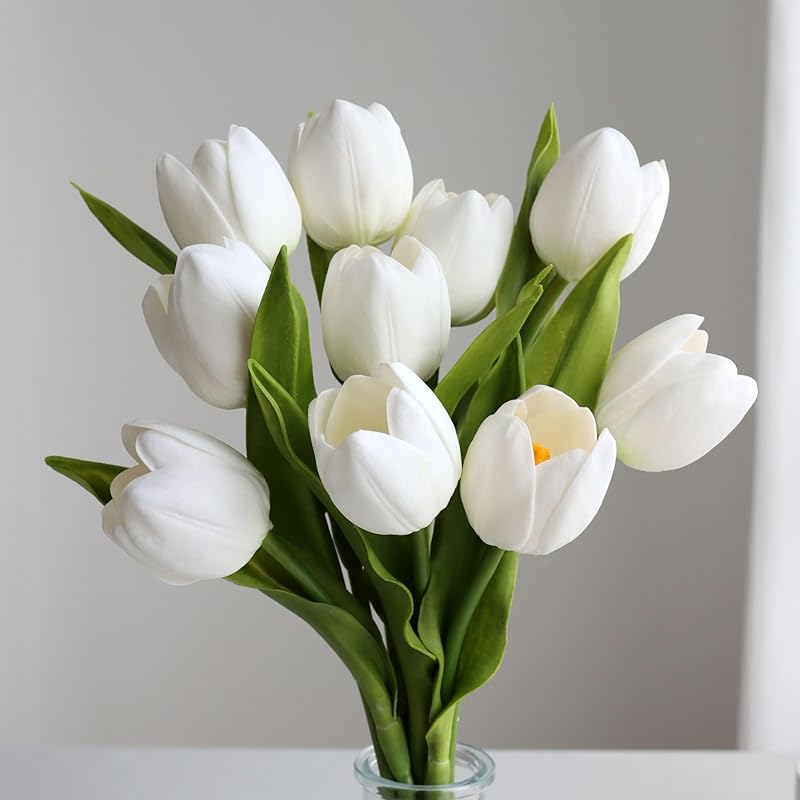10pcs Fake Faux Tulips in Vase,Silk White Tulipanes Tulips Artificial Flowers Real Touch Arrangements with Vase for Desk Table Decoration Home Decor White Tulips Flowers Bund