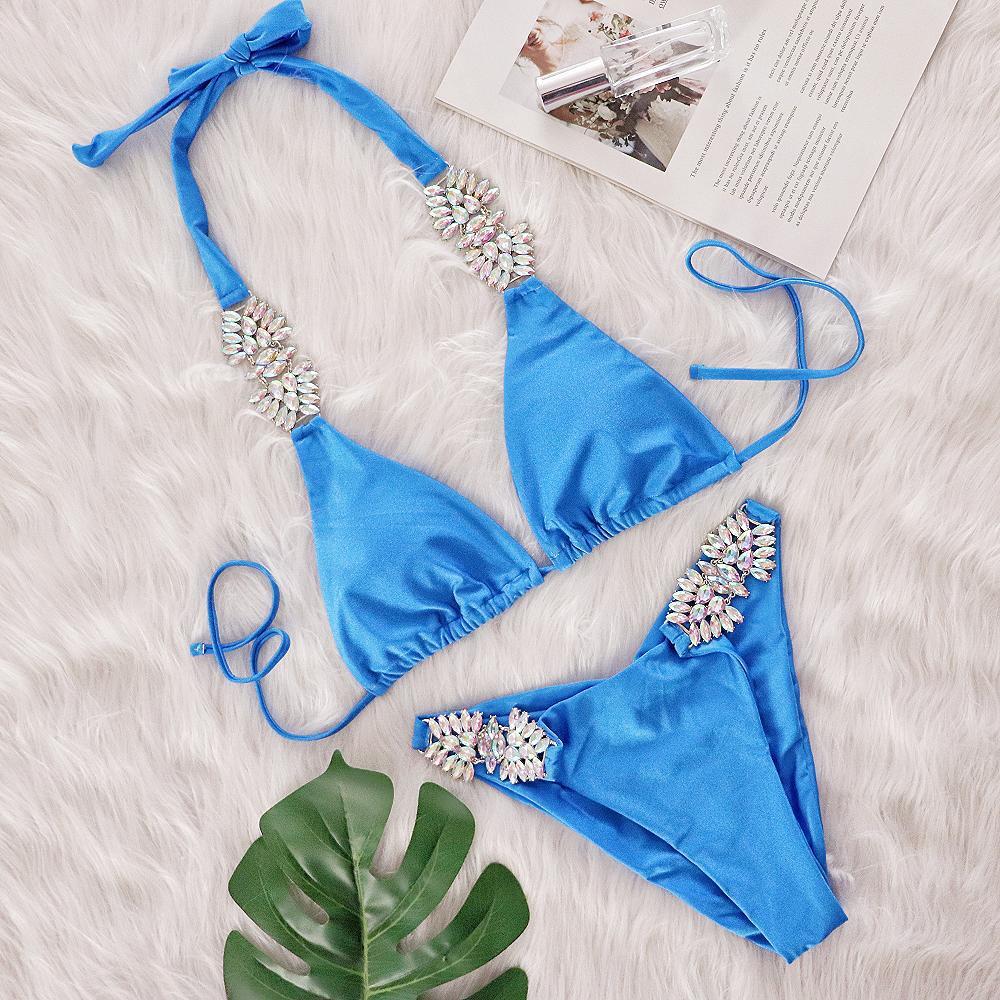 Maillot de bain ins nouveau sexy couleur unie métal incrusté de diamants bikini bandage maillot de bain fendu